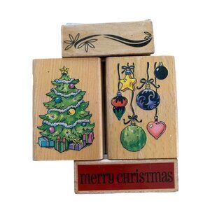Christmas Rubber Stamp Set Tree Ornaments Border Merry Christmas Craft Fun